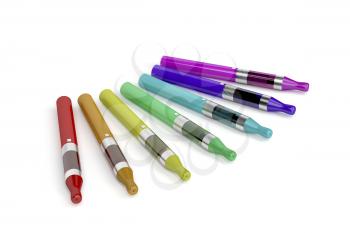 Electronic cigarettes with different colors and flavors on white background 