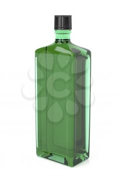 Green alcohol bottle on shiny white background