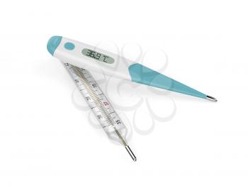 Electronic and mercury medical thermometers on white background