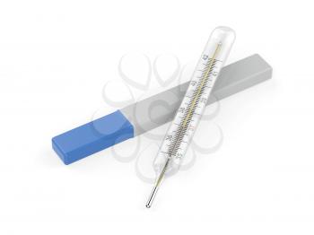 Mercury thermometer with protective box on white background