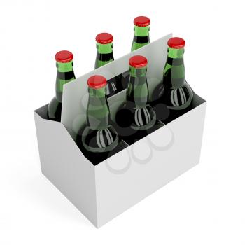 Six pack of lager beer bottles on white background