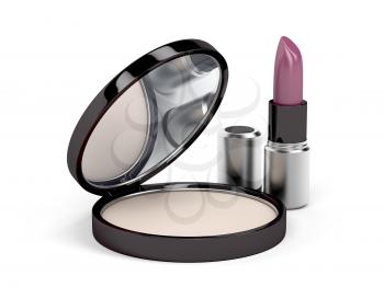 Compact powder and lipstick on white background
