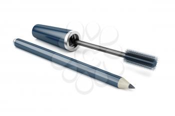 Mascara wand and eye pencil on white background