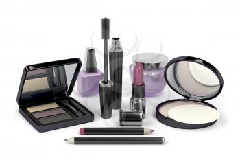 Makeup and cosmetic set with: eye shadow, face powder, lipstick, mascara, nail polish, cream, eye and lip liners