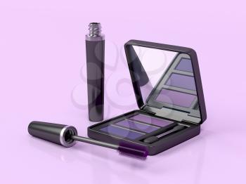 Mascara and eye shadow on pink background