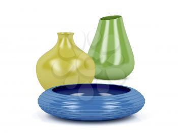 Set of colorful vases and bowl