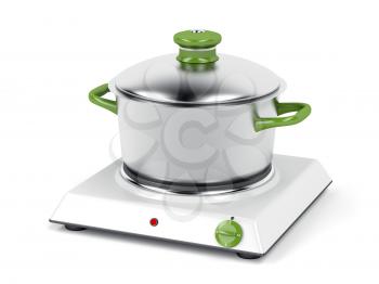 Hot plate with cooking pot on white background
