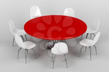 Conference round table and white plastic chairs in meeting room on grey background