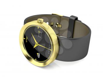 Gold smart watch on shiny white background
