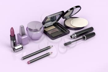 Makeup and cosmetic set on shiny pink background