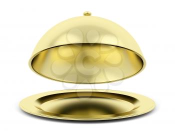 Gold cloche with open lid on white background