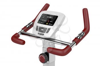 LCD display of exercise bike showing distance, calories burned, average speed, elapsed time and heart rate