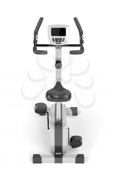 Stationary bicycle on white background, back view