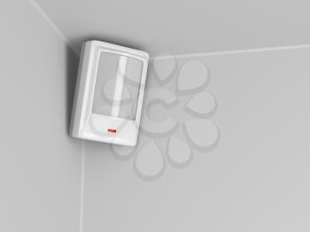 Burglar alarm motion sensor on grey wall