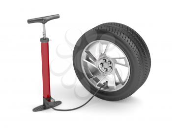 Air pump and car tire on white background