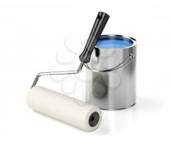 Paint roller and blue paint on shiny white background