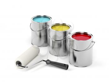 Paint roller and paint canisters with yellow, turquoise and red paints