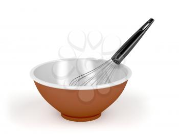 Bowl with a balloon whisk on white background
