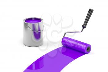 Painting on white floor with paint roller and purple paint