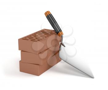 Trowel and bricks on white background