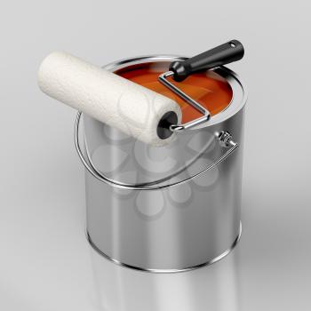 Paint roller and metal can with orange paint