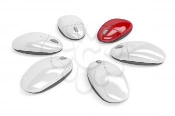 Concept image with wireless computer mouses, one red among other white mouses