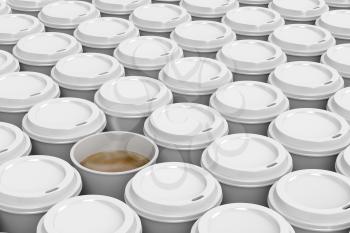 One opened coffee cup in multiple rows of plastic coffee cups