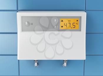 Automatic water heater attached on blue tiled wall