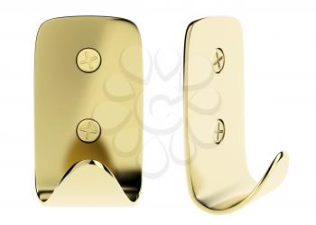 Front and side view of golden wall hook, isolated on white background