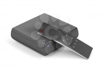Streaming media player with remote control on white background