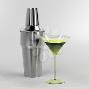 Shaker and cocktail glass with green colored drink