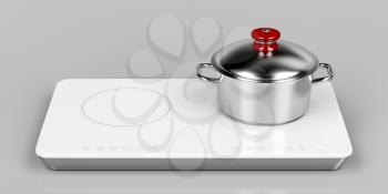 White induction cooktop and cooking pot on gray background