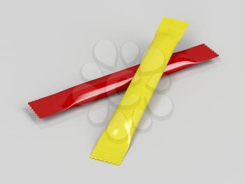 Sachets for ketchup and mustard on gray background