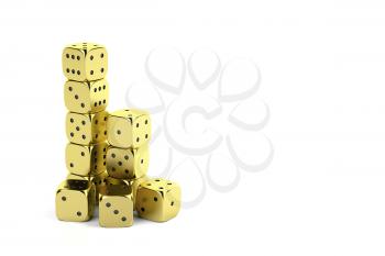 Golden dices on white background with copy space