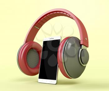Red trendy headphones and white smartphone on yellow background