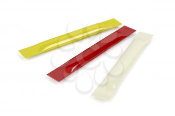 Mustard, ketchup and mayonnaise sachets on white background 