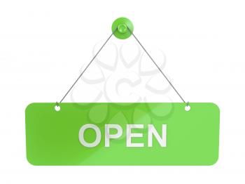 Green hanging door plate with Open sign, isolated on white
