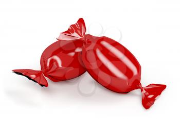 Two red wrapped candies on white background