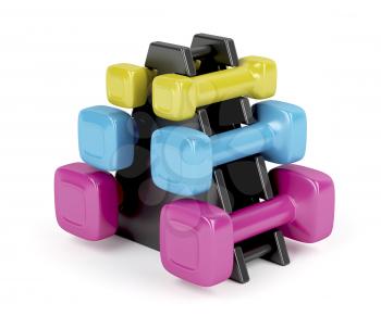 Rack with plastic dumbbells with different sizes and colors