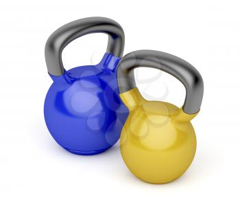 Kettlebells with different weights on white background