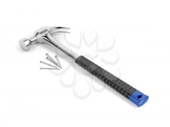 Claw hammer and nails on white background