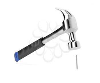 Hammer hitting a nail on white background