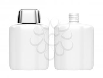 Open and closed containers for aftershave lotion or perfume, isolated on white 