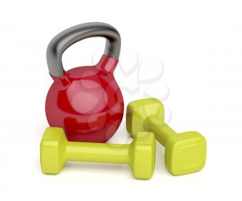 Kettlebell and a pair of dumbbells on white background
