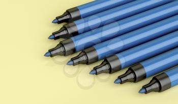 Close-up of blue permanent markers, 3d illustration