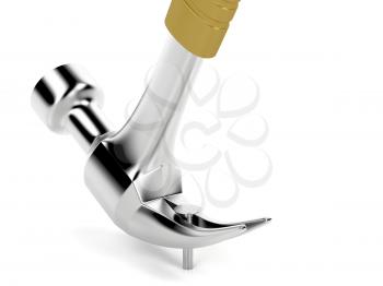 Claw hammer pulling a nail, on white background