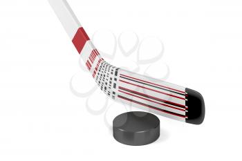 Ice hockey stick and puck on white background 