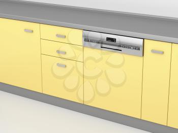 Modern integrated dishwasher in the kitchen, 3d illustration