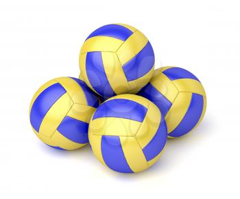 Group of five volleyball balls on white background 