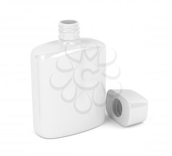 Open white bottle for aftershave lotion or perfume on white background